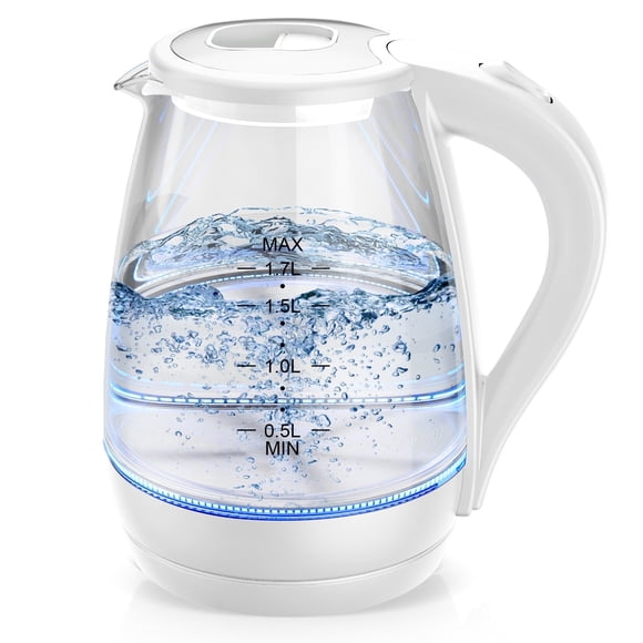 Electric Kettle, 1.7L Tea Kettle & Hot Water Boiler for Coffee & Tea, Water Heater & Teapot, Automatic Shut Off, Borosilicate Glass, White, 1200W