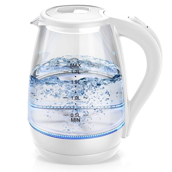 Electric Kettle, 1.7L Tea Kettle & Hot Water Boiler for Coffee & Tea, Water Heater & Teapot, Automatic Shut Off, Borosilicate Glass, White, 1200W