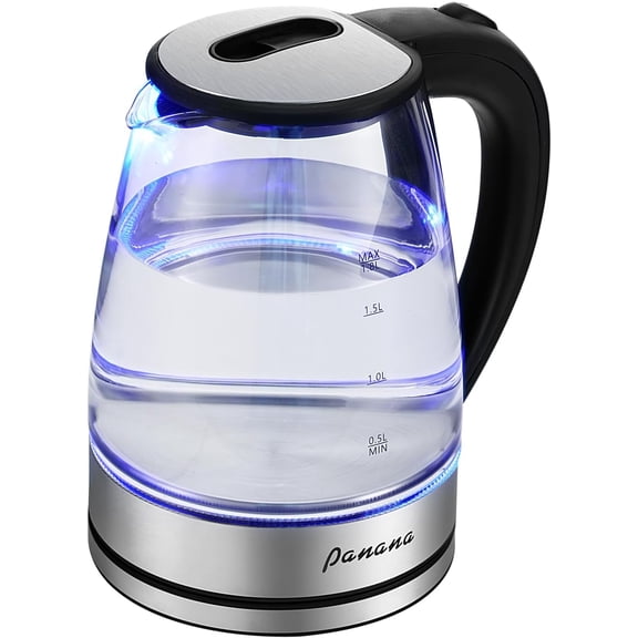 Electric Kettle, 1.8L Glass Kettles with Blue LED, 1200W, Built-In Mesh Filter, Fast Boil, Easy to Clean, Boil-Dry Protection, BPA Free
