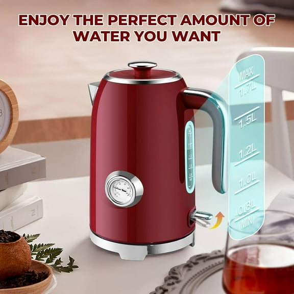 Electric Kettle - 57oz Hot Tea Water Boiler with Thermometer, 1500W Fast Heating Stainless Steel Pot, Cordless LED Indicator, Auto Shut-Off & Boil Dry Protection, Red