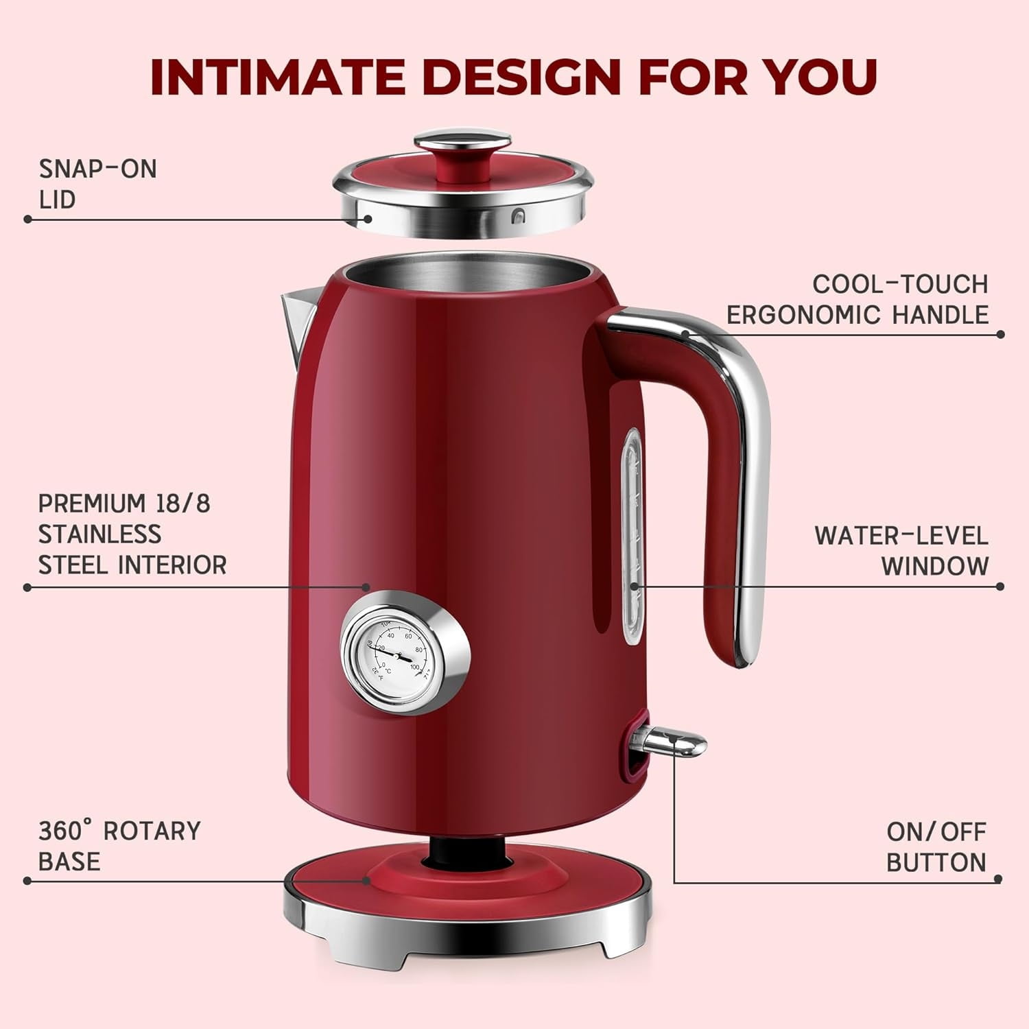 Electric Kettle - 57oz Hot Tea Water Boiler with Thermometer, 1500W Fast Heating Stainless Steel Pot, Cordless LED Indicator, Auto Shut-Off & Boil Dry Protection, Red