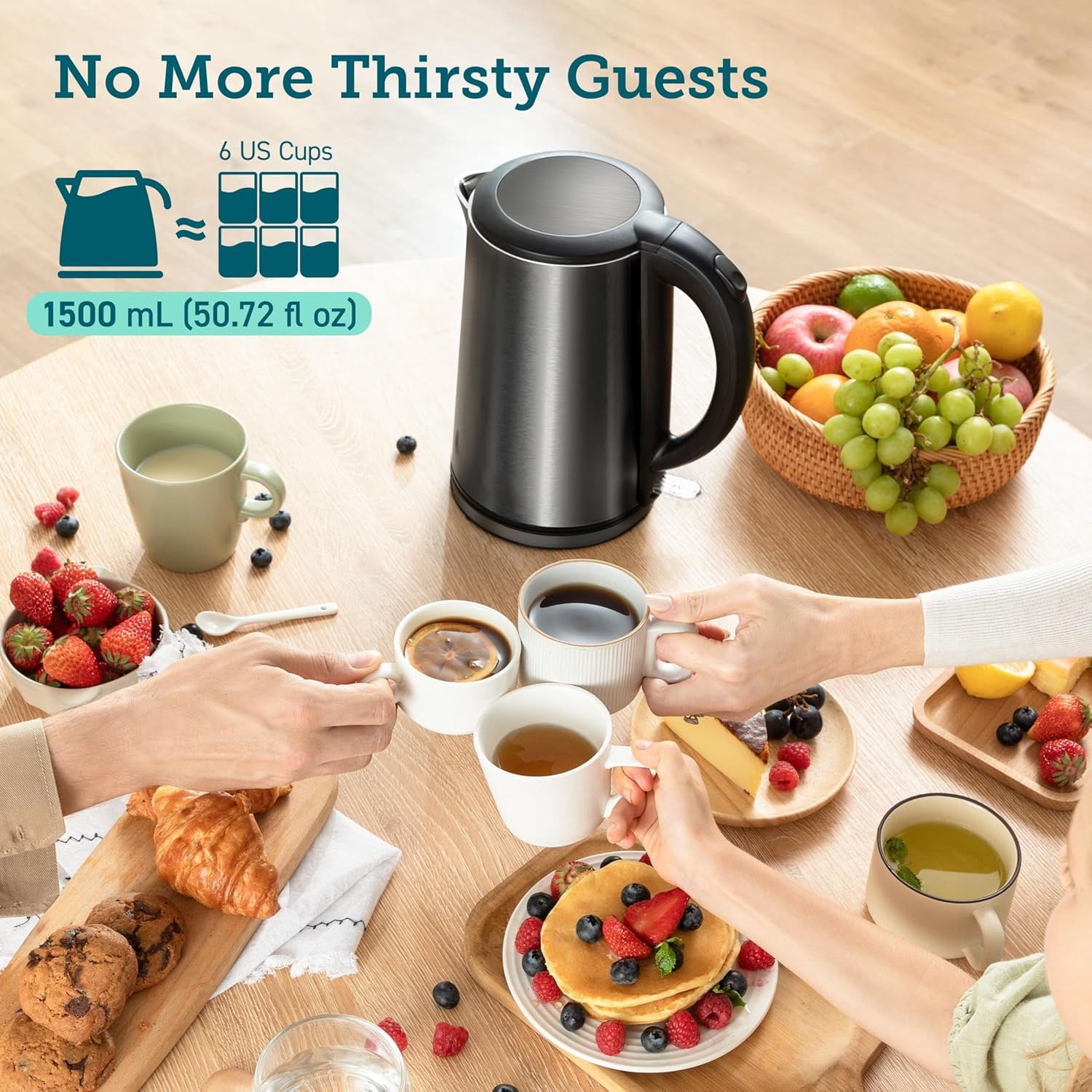 Electric Kettle, Cool-Touch Double Wall Stainless Steel Insulated, Automatic Shut Off & Boil-Dry Protection, Durable Tea Kettle Boiler & Heater, 1.5L/1500W, Black