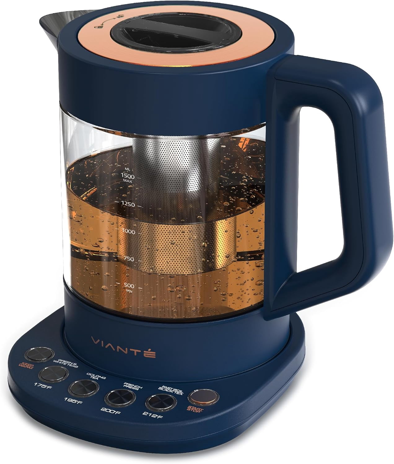 Electric Kettle With Infuser. No Plastic In Contact With Water. Hot Tea Maker With Temperature Control And Automatic Shut Off. 1.5 Liters Capacity | Midnight Blue Color