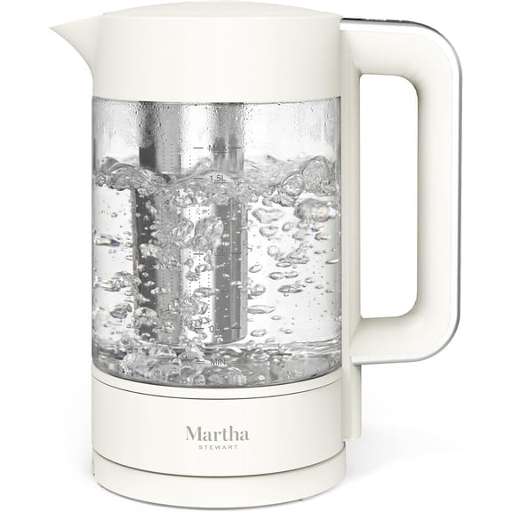 Electric Kettle with Removable Stainless Steel Tea Infuser Glass Carafe 1.7 L 4 Preset Temperatures Keep Warm Auto Shut-Off Cordless 360 Swivel Base Linen Cream