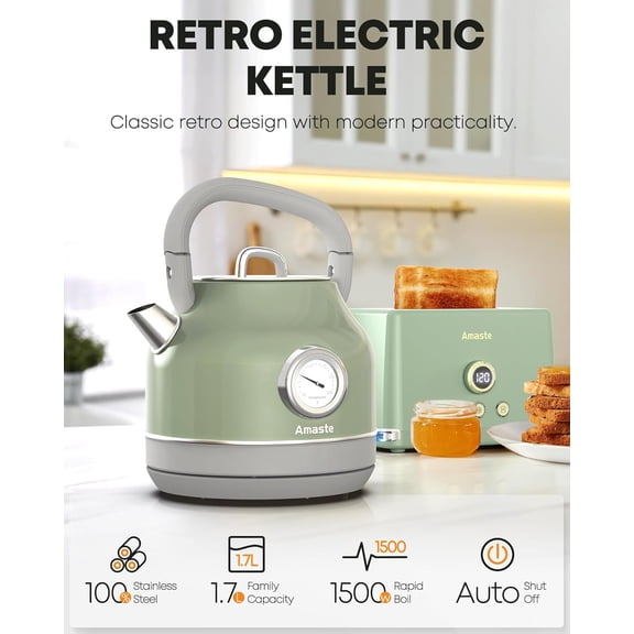 Electric Kettle, Retro Tea Kettle with Thermometer, 57 Oz Hot Water Kettle for Coffee & Tea, 304 Stainless Steel, 1500W Fast Boiling, Auto Shut-Off & Boil Dry Protection, Matcha Green