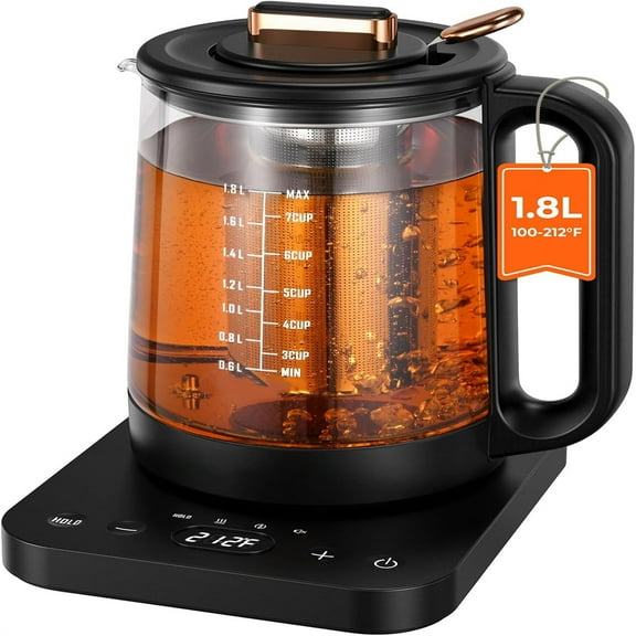 Electric Kettle Temperature Control 5, 1.8L Glass Electric Tea Kettle with Removable Infuser for Flowers & Fruit Tea, 1200W Fast Boiling, 6 Hours Keep Warming, Black