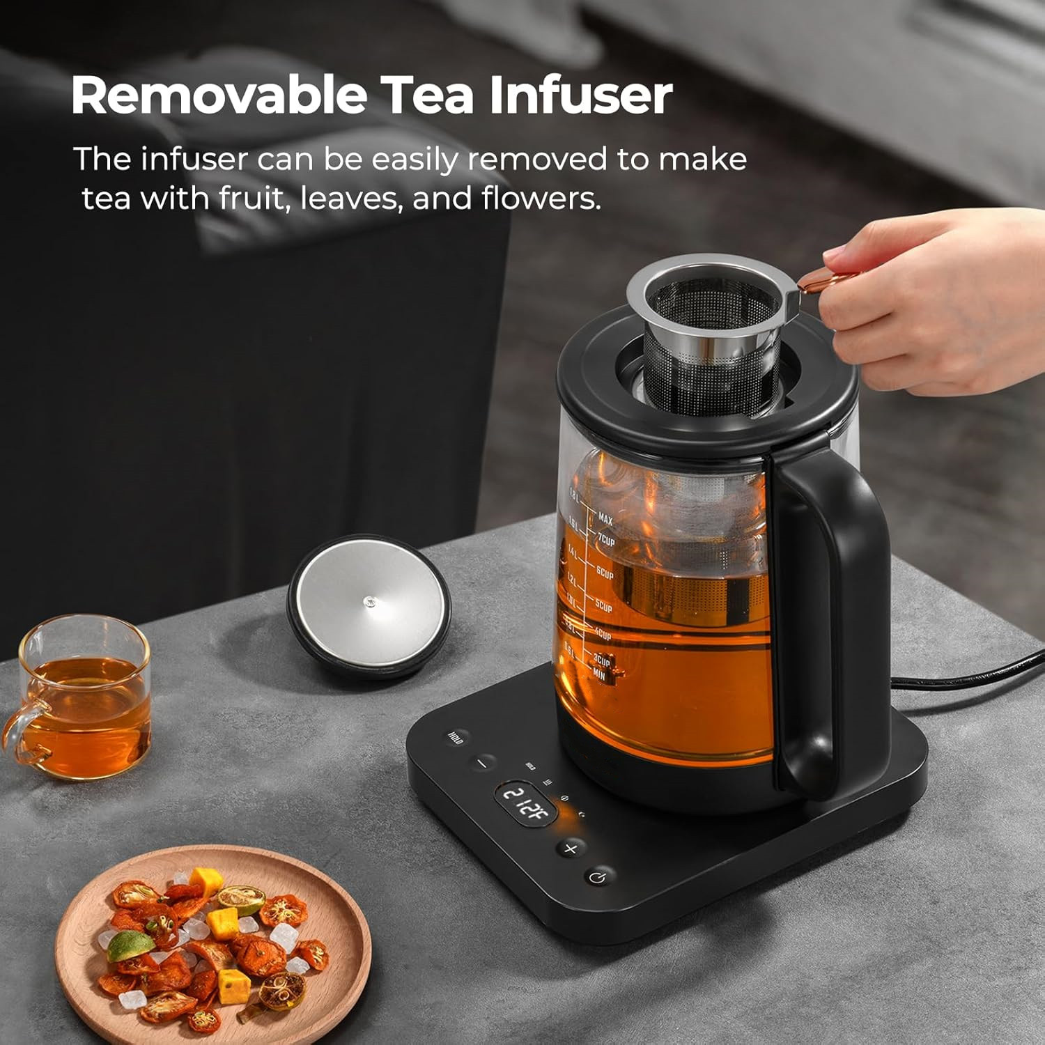 Electric Kettle Temperature Control ±5℉, 1.8L Glass Electric Tea Kettle with Removable Infuser for Flowers & Fruit Tea, 1200W Fast Boiling, 6 Hours Keep Warming, Black