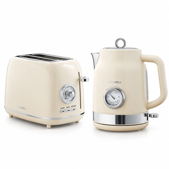 Electric Kettle and 2 Slice Toaster Set, Retro Style, 1.7L Kettle, Stainless Steel, Wide-Slot Toaster with 6 Browning Levels