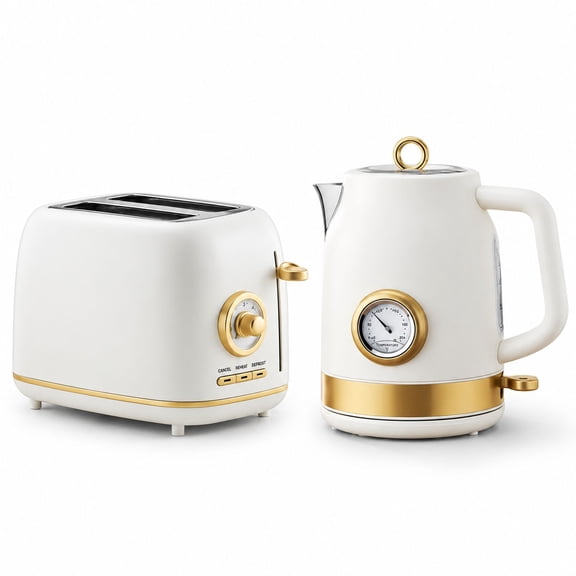 Electric Kettle and 2 Slice Toaster Set, Retro Style, 1.7L, White and Gold, Stainless Steel