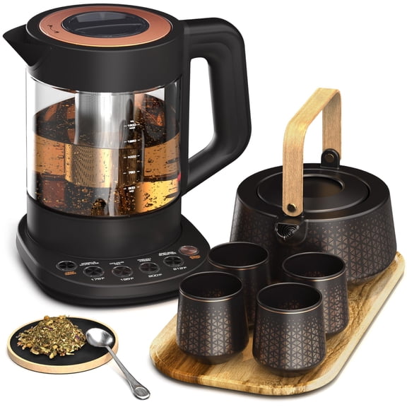Electric Kettle with Infuser Black with Tea Set, Loose Leaf Tea Maker with Ceramic Teapot Cup Set and Wooden Tray