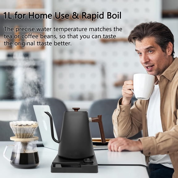 Electric Kettles, Gooseneck Electric Kettle, 1 Temperature Control, for Pour Over Coffee and Tea, 304 Stainless Steel Inner, BPA-Free, Quick Heating Electric Kettles for Boiling Water, 1L Black