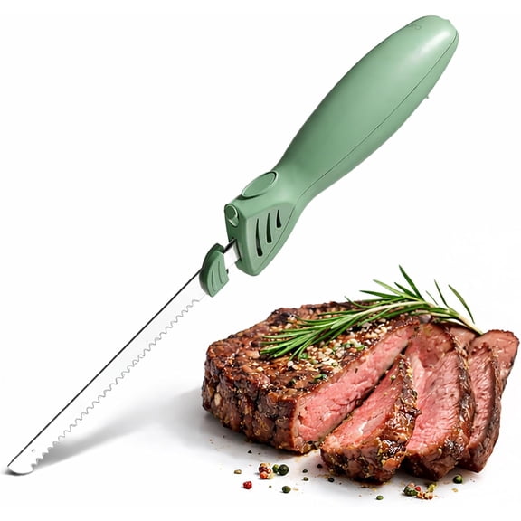 Electric Knife, 100W Power, Dual Stainless Steel Blades for Precise Cutting, Ergonomic Handle, Low Noise and Vibration, Ideal for Bread, Meat, and Vegetables, Green