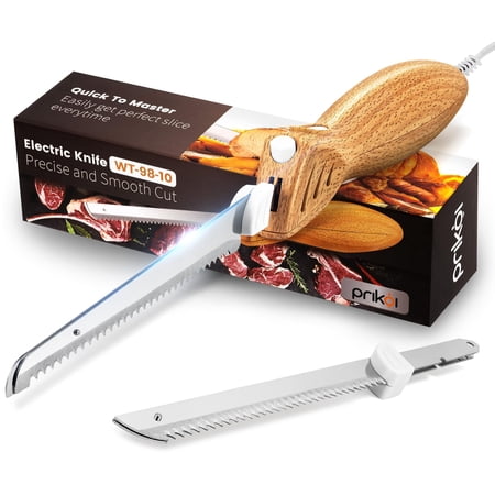 Electric Knife - Easy-Slice Serrated Edge Blades for Carving Meat, Bread, Turkey, Ribs, Fillet, DIY, Ergonomic Handle + 2 Blades for Raw & Cooked Food(Faux Wood)