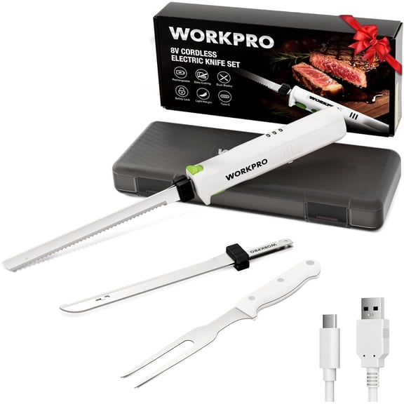 Electric Knife for Meat Slicing, Cordless Electric Carving Knife for Turkey, Fish & Bread, Two Stainless Steel Blades, Ergonomic Handle, Storage Case & Serving Fork Included, White