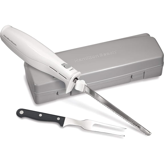Electric Knife Set for Carving Meats, Poultry, Bread, Crafting Foam & More, Reciprocating Serrated Stainless Steel Blades, Ergonomic Design Storage & Fork Included, 5Ft Cord, White