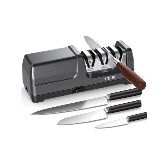 Electric Knife Sharpener, 3-Stage Diamond Knife Sharpener for Kitchen Knives 20-Degree Angle, 40S Quick Sharpening & Polishing for Chef, Santoku, Ceramic Knives, Easy to Use for Beginners, Black