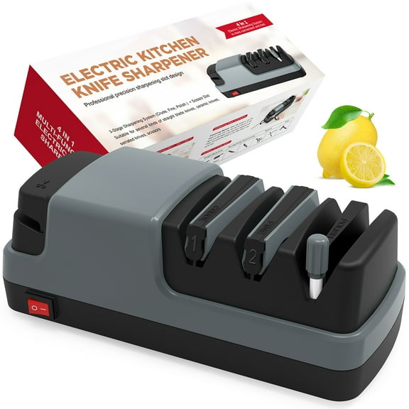 Electric Knife Sharpener- 4 in 1 Electric Knife Sharpeners for Kitchen Knives, Straight Blade Knives & Serrated Knives & Ceramic Knives & Scissors