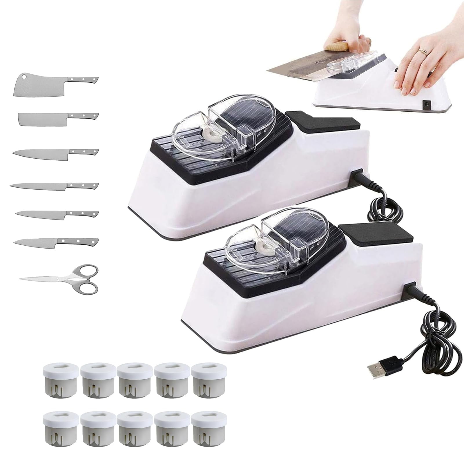 Electric Knife Sharpener, With Replacement Grinding Tools, Double Sided Knife Sharpener, Quick Sharpening & Polishing, Stable Non-slip Base(2PC)
