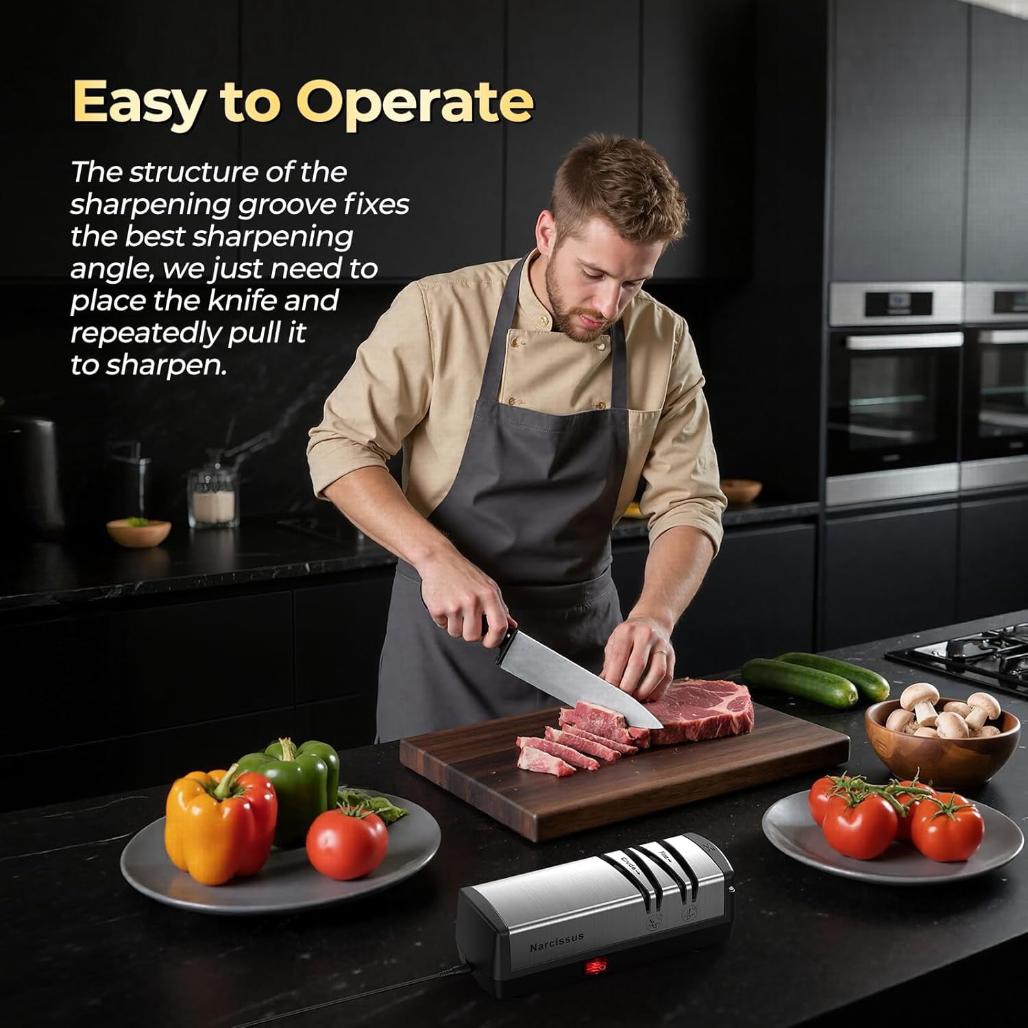 Electric Knife Sharpener with  Abrasives for Stainless Steel Ceramic Knives and Scissors, Quick Sharpening System with Dust  Box