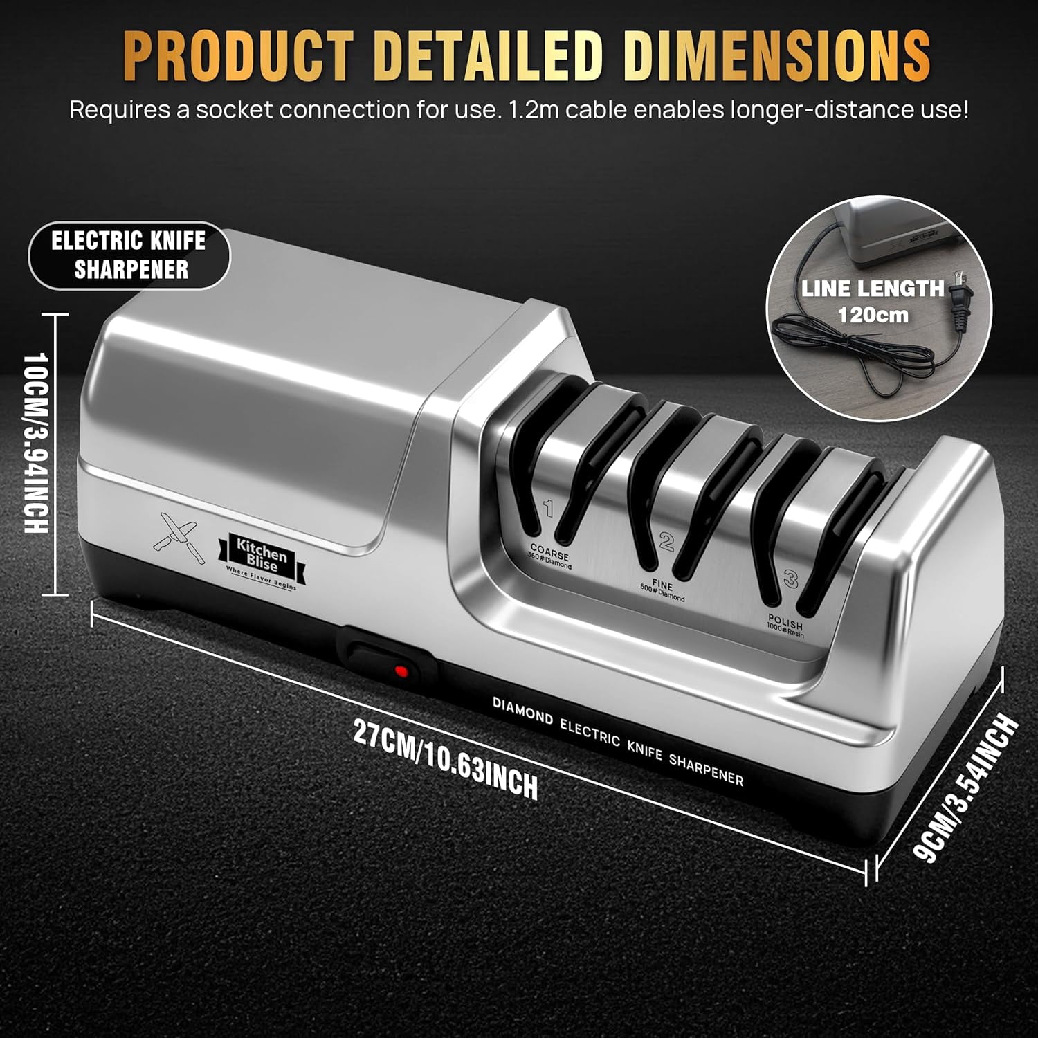 Electric Knife Sharpener with Metal Dust Box - 3-Stage  Sharpening System for Straight and Serrated Knives