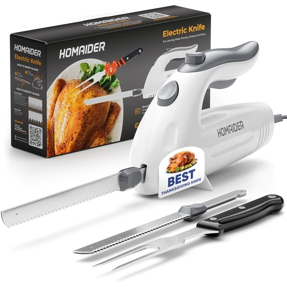 Electric Knife for Turkey, Meat Slicing, Bread, Fillet, Foam & More | Ergonomic Handle + 2 Stainless Steel Carving Blades & Serving Fork Included