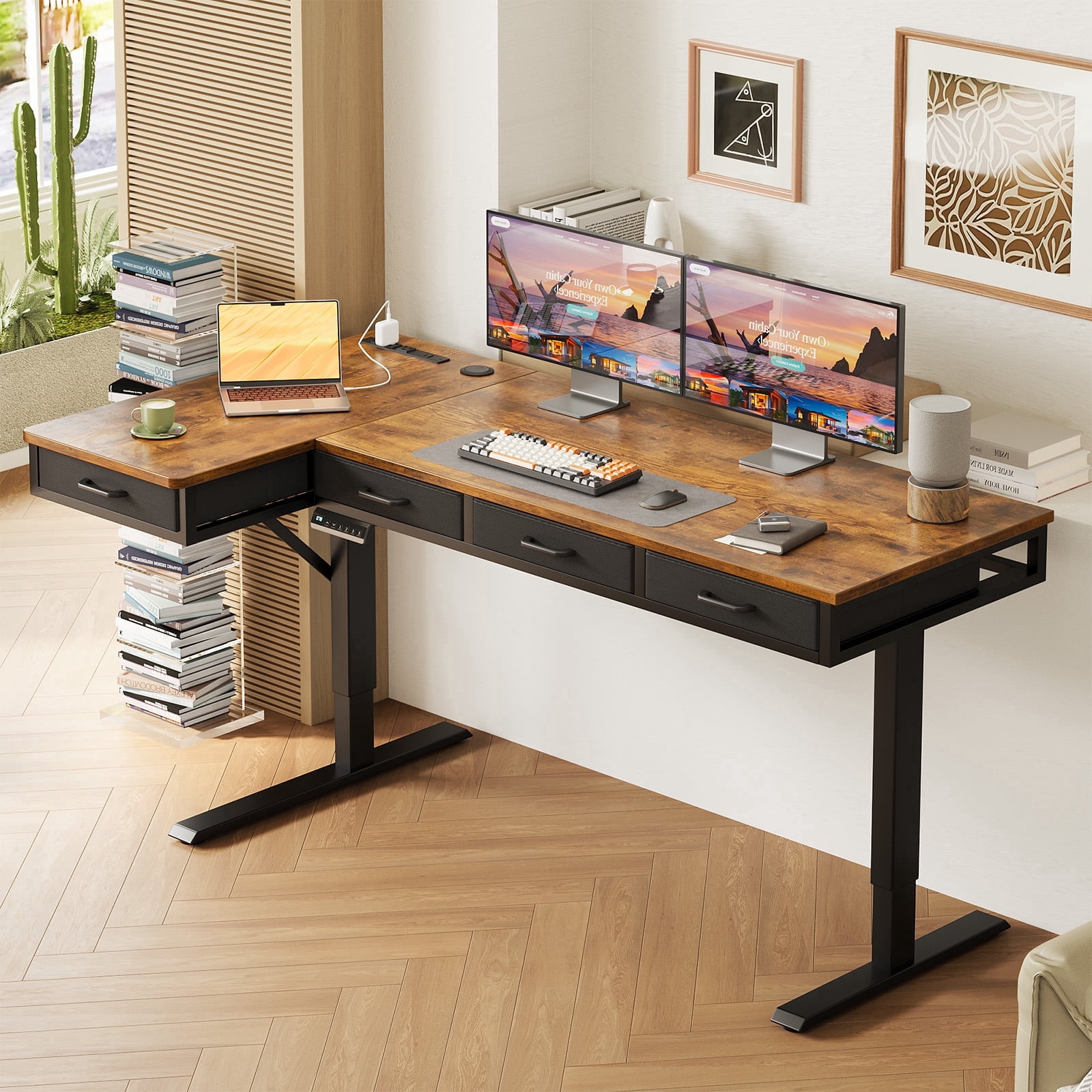 Electric L Shaped Standing Desk 62 Inch With 4 Fabric Drawers, Height Adjustable Computer Desk With Power Outlets & USB, Reversible Sit Stand Desk For Home Office