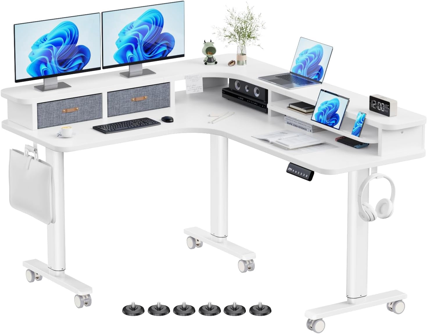 Claiks 63" L Shaped Electric Standing Desk With Drawers & LED Lights | Height Adjustable Corner Desk