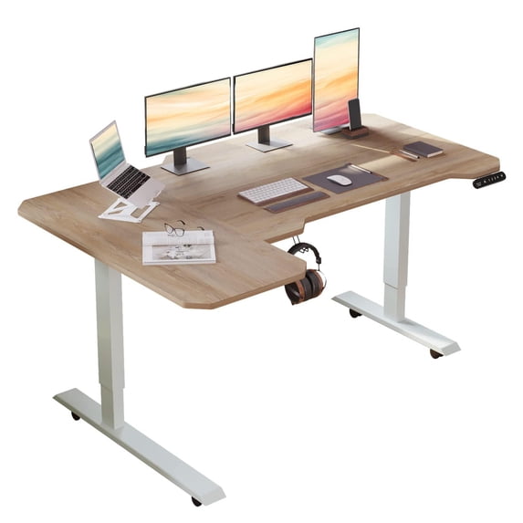 Electric L Shaped Standing Desk, Height Adjustable Corner Desk, Sit Stand L Computer Desk for Office with 4 Memory Presets, Under Desk Cable Basket, Side Hooks, Home Office Workstation, Oak and White
