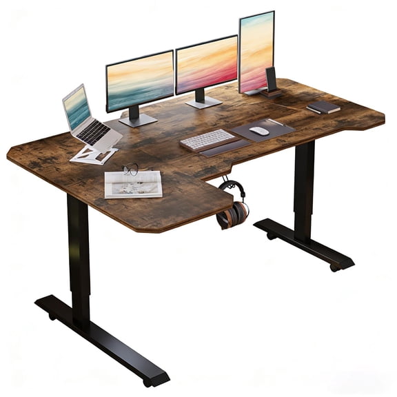 Electric L Shaped Standing Desk, Height Adjustable Corner Desk, Sit Stand L Computer Desk for Office with 4 Memory Presets, Under Desk Cable Basket, Side Hooks, Home Office Workstation, Rustic Brown