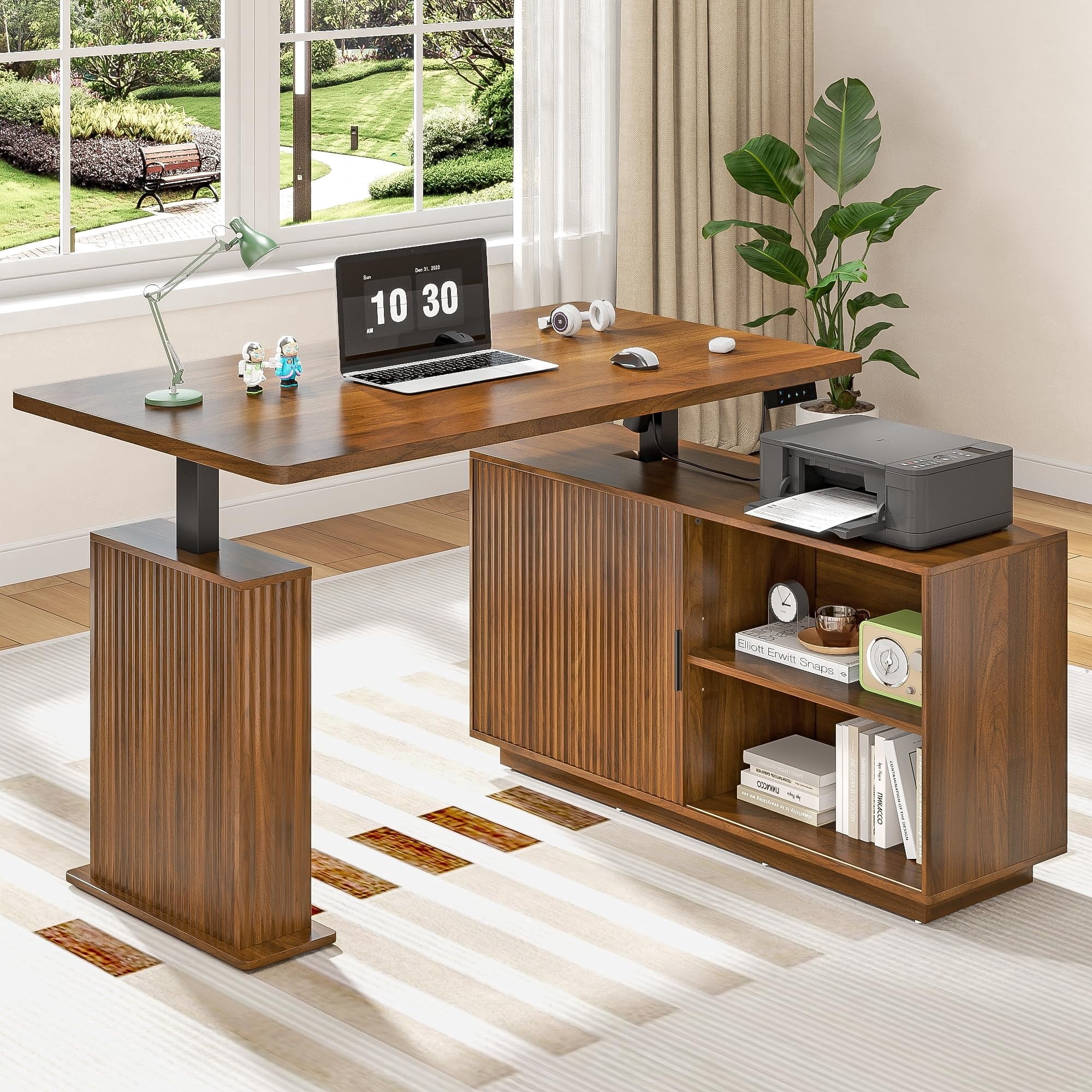 Electric L Shaped Standing Desk with Storage, 55" Mid Century Adjustable Height Sit Stand Desk