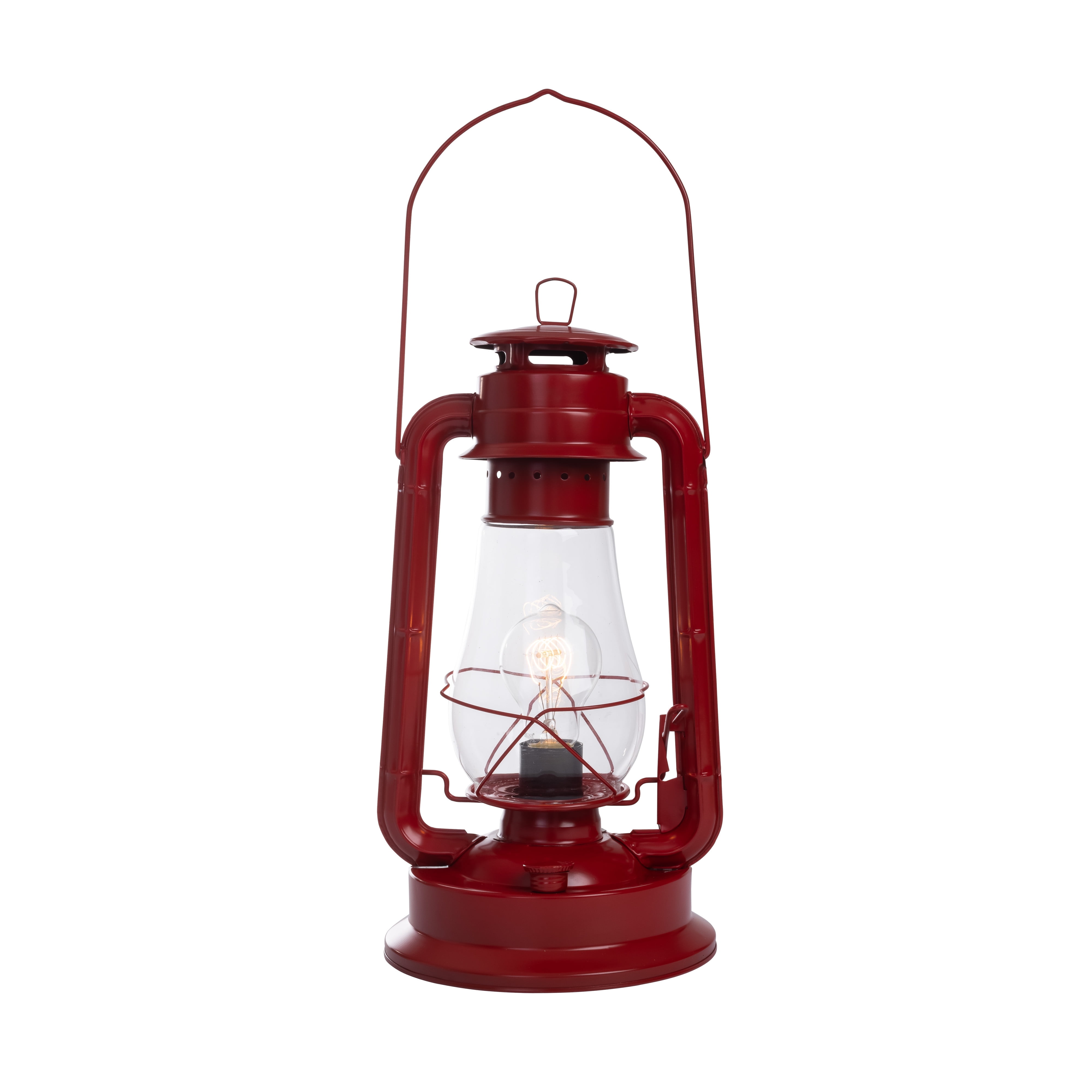 Large Red Powder Coat Vintage Lantern Table Lamp with Glass Shade