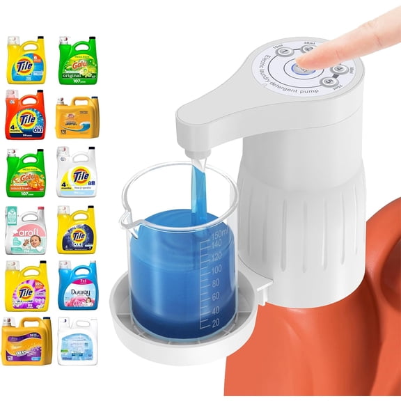 Electric Laundry Detergent Pump - Reusable Laundry Detergent Dispenser with Graduated Cup for Liquid Detergent, USB Rechargeable, Ideal for Laundry Room Organization (White)