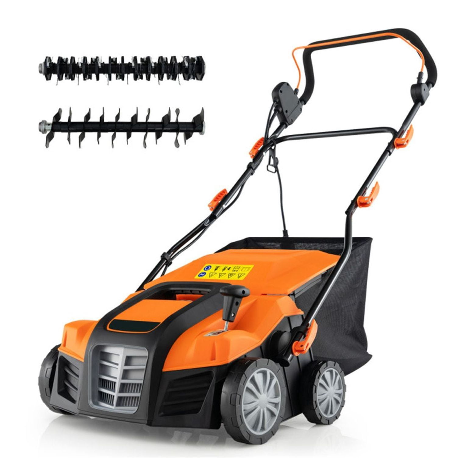 Electric Lawn Dethatcher, 16-Inch Corded Scarifier - 2-in-1 Adjustable Depth, Large Bag, Folding Design for Home Lawn Care - Orange