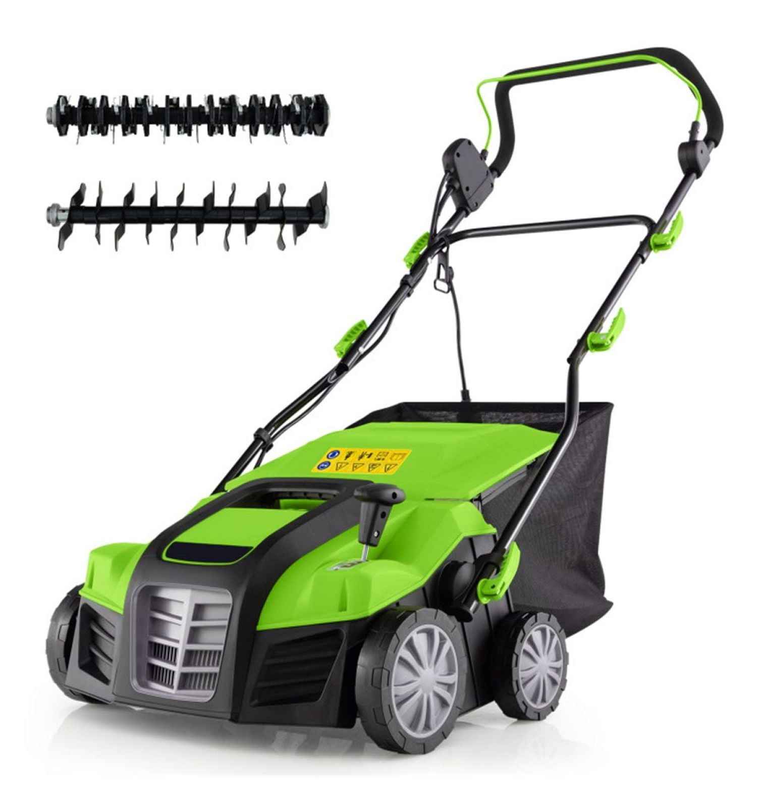 Electric Lawn Dethatcher, 16-Inch Corded Scarifier, 2-in-1 Adjustable Dethatching Machine with Grass Bag for Lawn Care - Green