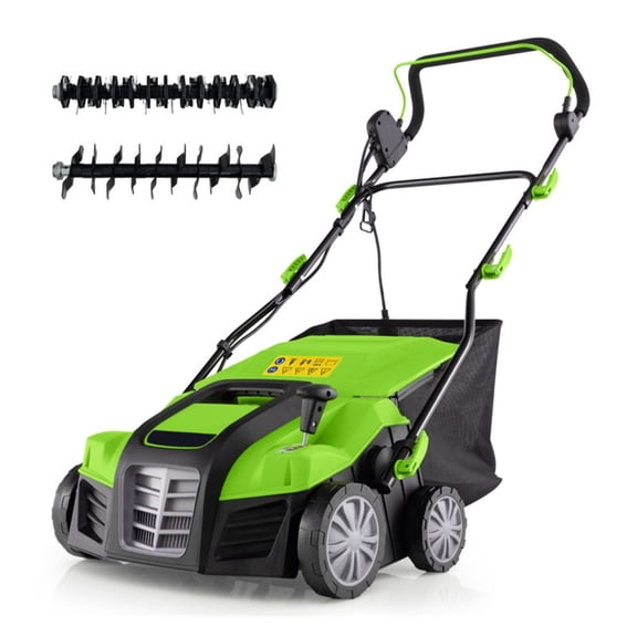 Electric Lawn Dethatcher, 16-Inch Corded Scarifier, 2-in-1 Adjustable Dethatching Machine with Grass Bag for Lawn Care - Green
