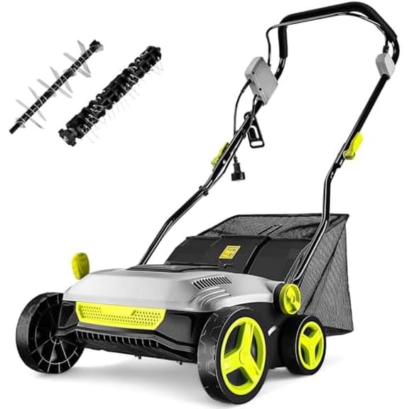 Electric Lawn Dethatcher Scarifier 15 Amp: 15-inch Lawn Dethatcher and Aerator with 5-Position Depth Adjustment, 40L Collection Bag, 2-in-1 Corded Scarifier for Yard, Spring & Fall Lawn Care
