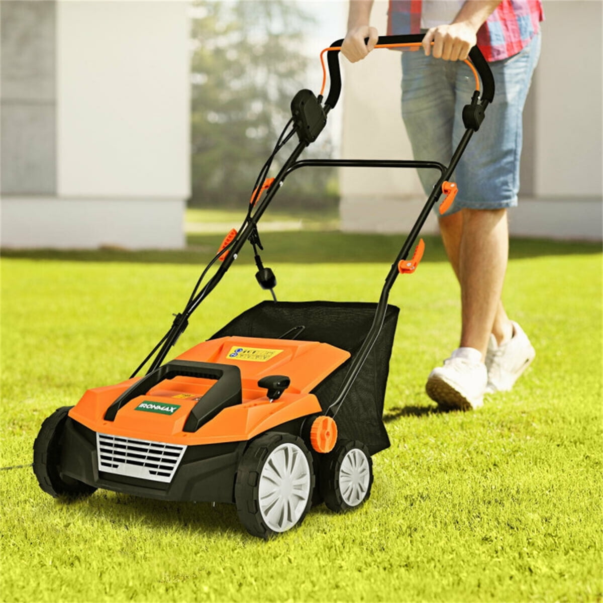 Electric Lawn Dethatcher Scarifier 15 Inch 13 Amp Power with 50L Collection Bag 4 Position Depth Adjustable for Yard Dethatching Soil Aeration Lawn Care Maintenance Thatch Removal Orange