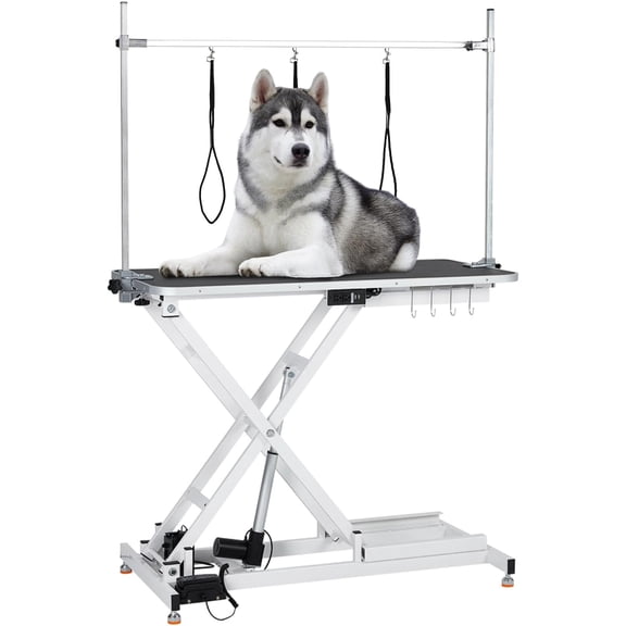 Electric Lift Dog Grooming Table, Heavy Duty Electric Grooming Arm Table for Pets & Large Dogs Adjustable Height: 9.4"-39.4" Non-slip Desktop with Gantry Crane Set, Fixture *4 Noose*2 (White)