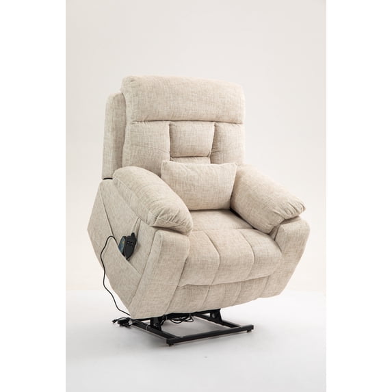 Electric Lift Recliner Chair with Massage and Heat, Oversized Power Sofa for Big and Tall, 180 Degree Flat Recline, Dual Cup Holders, Cream Velvet