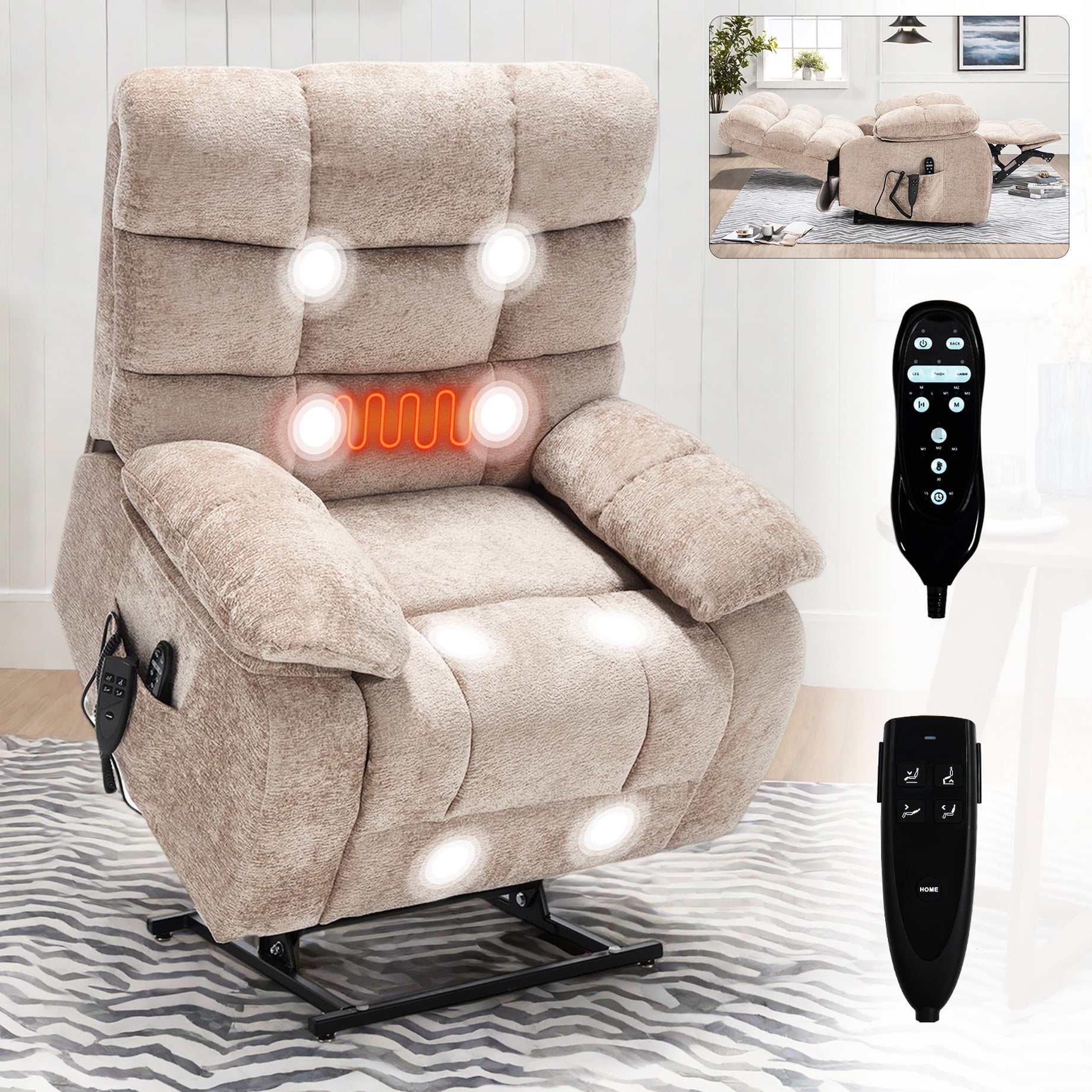 Electric Lift Recliner With Chenille Upholstery, Beige Color, 350 Lbs ...