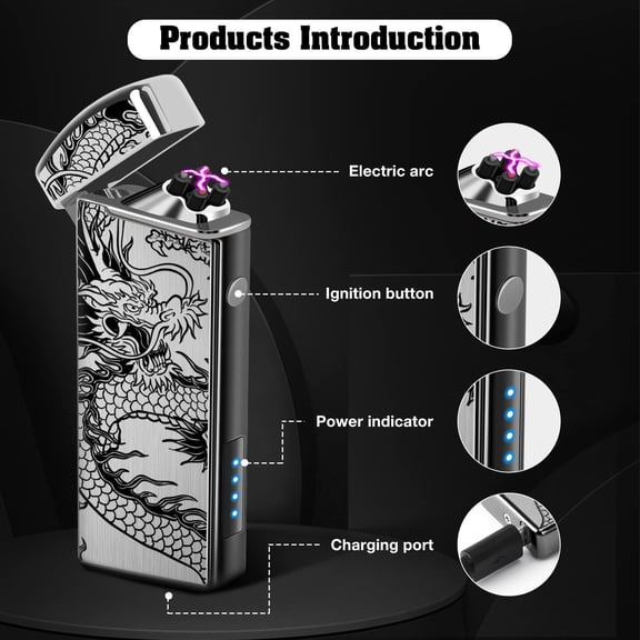 Electric Lighter,Plasma Lighter Arc Lighter Windproof USB Lighter Rechargeable Lighter for Candle(Black+Black Dragon)