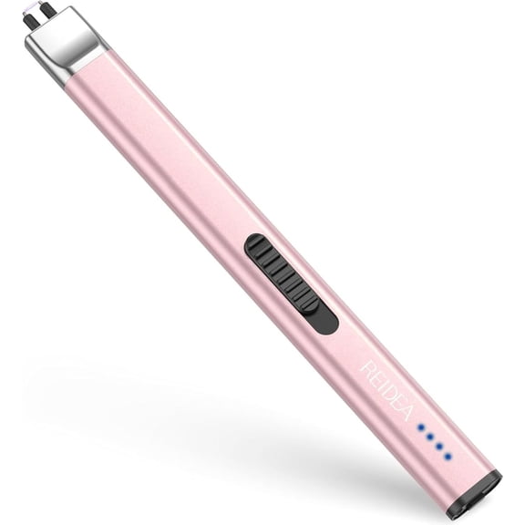 Electric Lighter R1 Flat Candle Lighter, Windproof Flameless USB Rechargeable Arc with Safe Button and Power Indicator for Candle, BBQ and Fireworks, Rose Gold