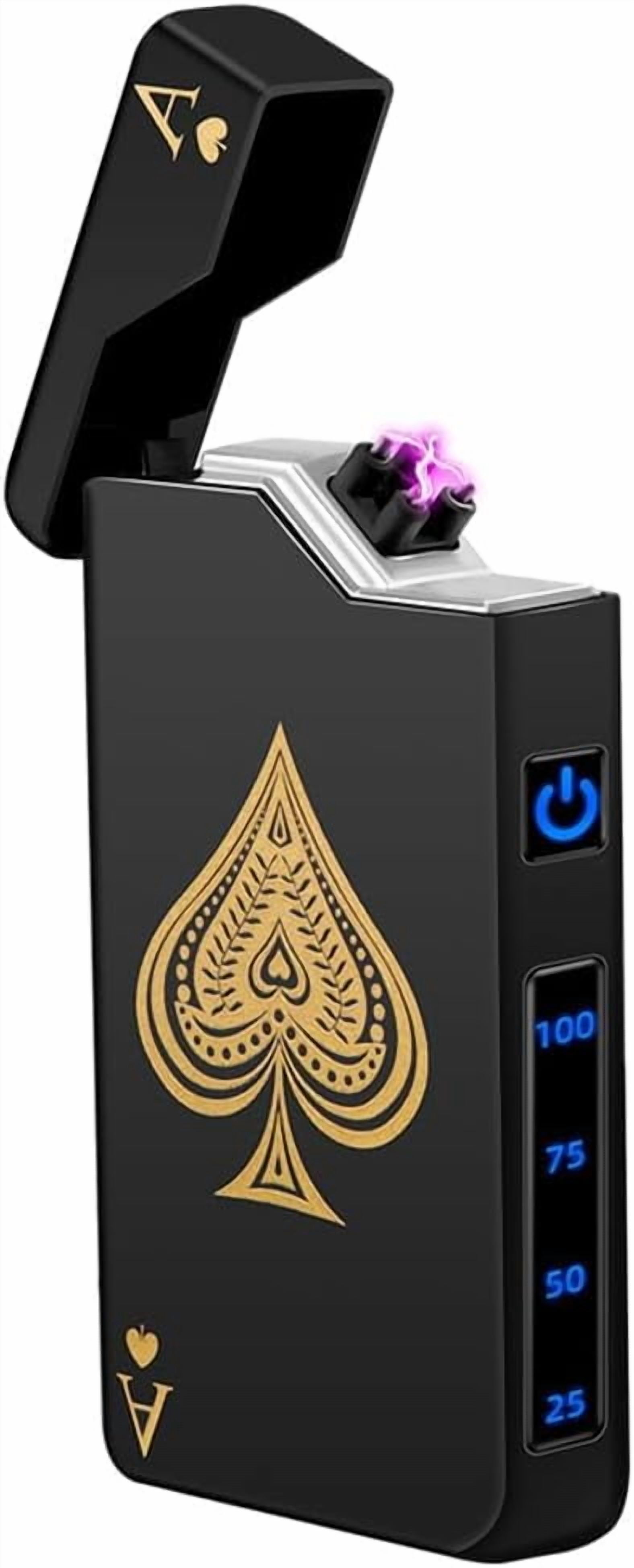 Electric Lighter Rechargeable USB, Dual Arc Plasma Lighter, Windproof Flameless Electronic Lighters, Pocket Metal Lighters with LED Battery Indication for Candles, Camping (Black Ace)