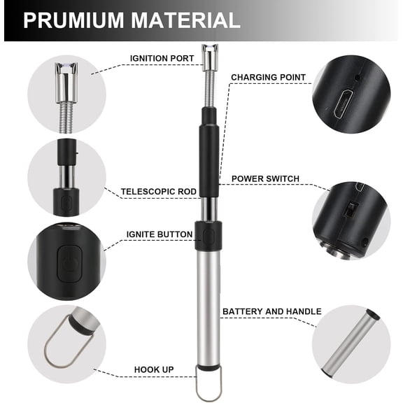 Electric Long Lighter, Retractable Length (11.4in-27.55in), Lgnition Port Can be Rotated 360, Rechargeable via USB, lighters Suitable for Lighting Candles, barbecues, fireplaces, fire pits, etc.