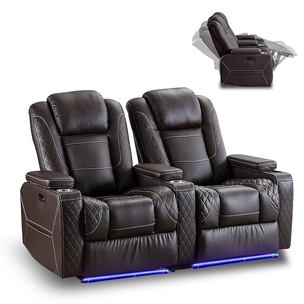 Electric Loveseat Recliner With Blue Ambient Lighting, PU Leather Home