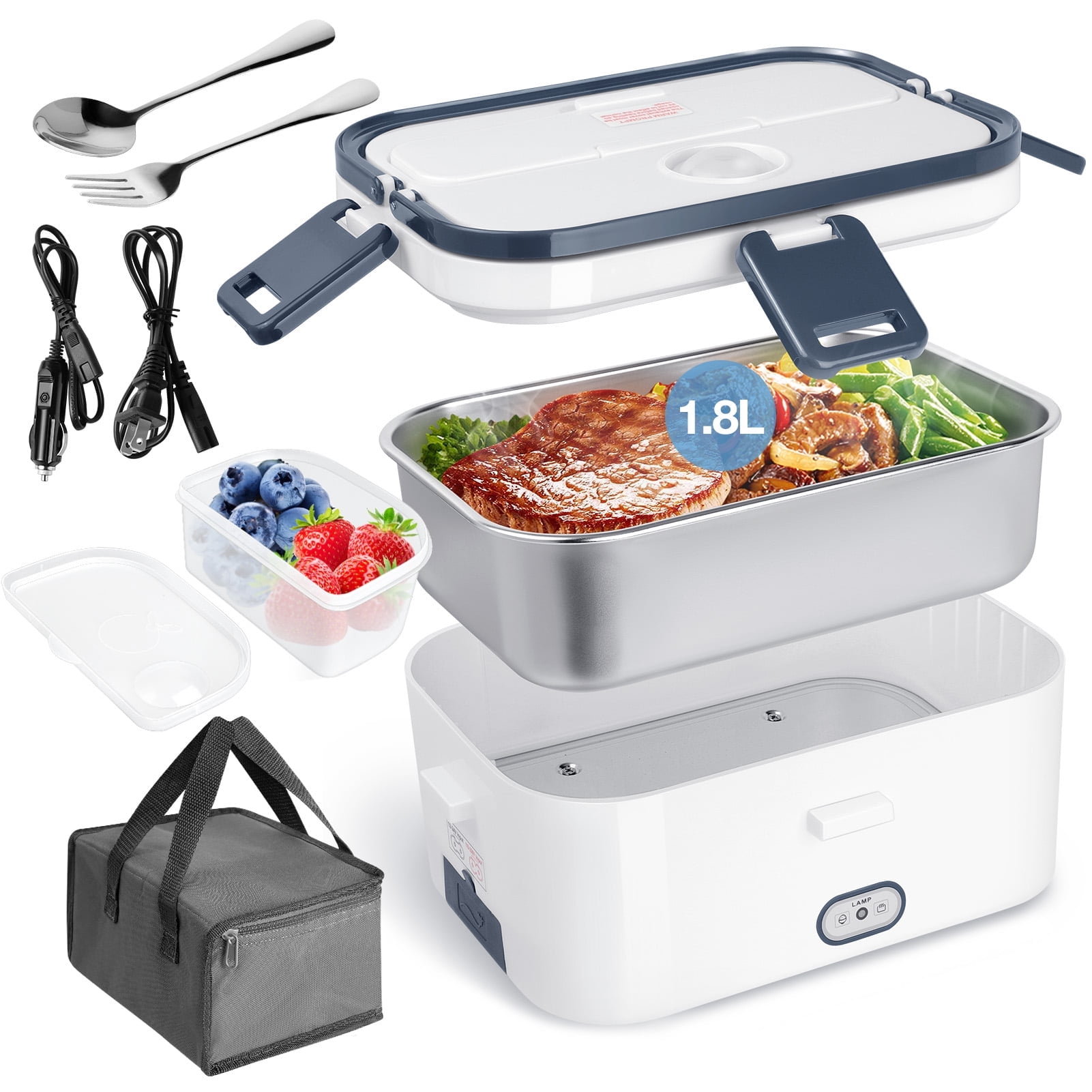 Electric Lunch Box 60W Food Heated 3 in 1 Portable Food Warmer Heater for Car/Truck/Home Self Heating Box with 1.8L 304 Stainless Steel Container 0.45L Compartment,White