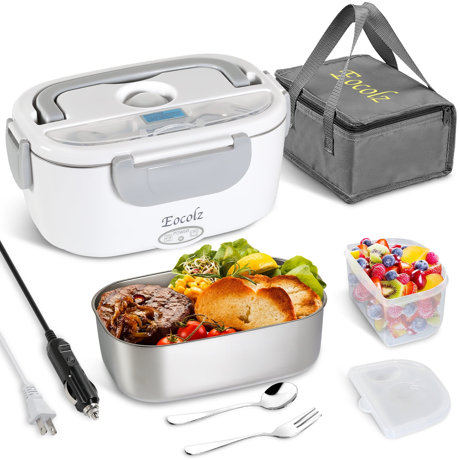 Electric Lunch Box 60W Food Heater Warmer, Eocolz 2 in 1 Portable Lunch Box  for Car Truck Home Work Leak Proof with 1.5L Removable 304 Stainless Steel  Container & Spoon 2 Compartments