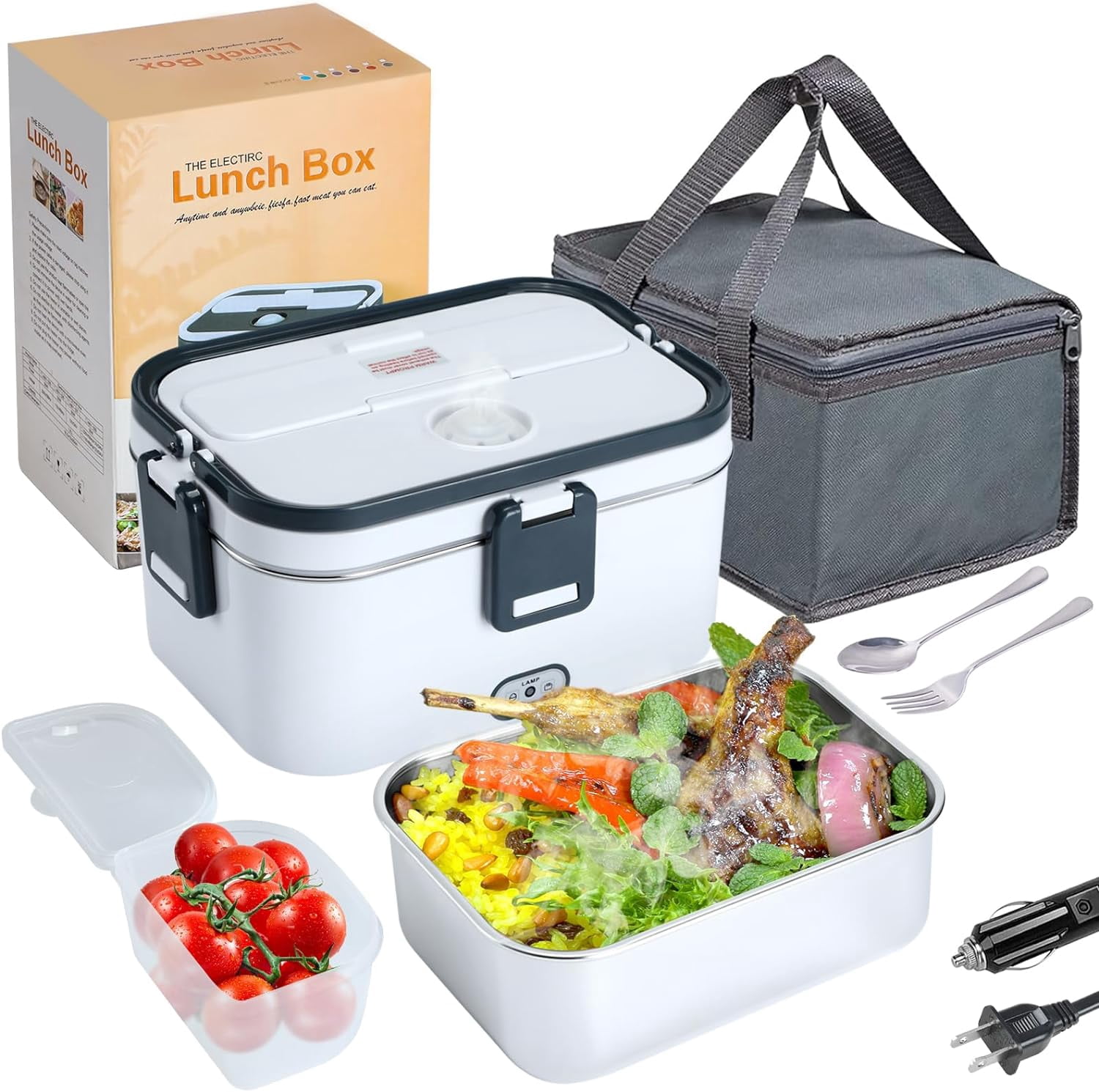 Electric Lunch Box, Food Heated 3 In 1 Portable Food Warmer Heater for Car/Truck/Home, 60W Self Heating Box with 1.8L 304 Stainless Steel Container 0.45L Compartment (Gray+White)
