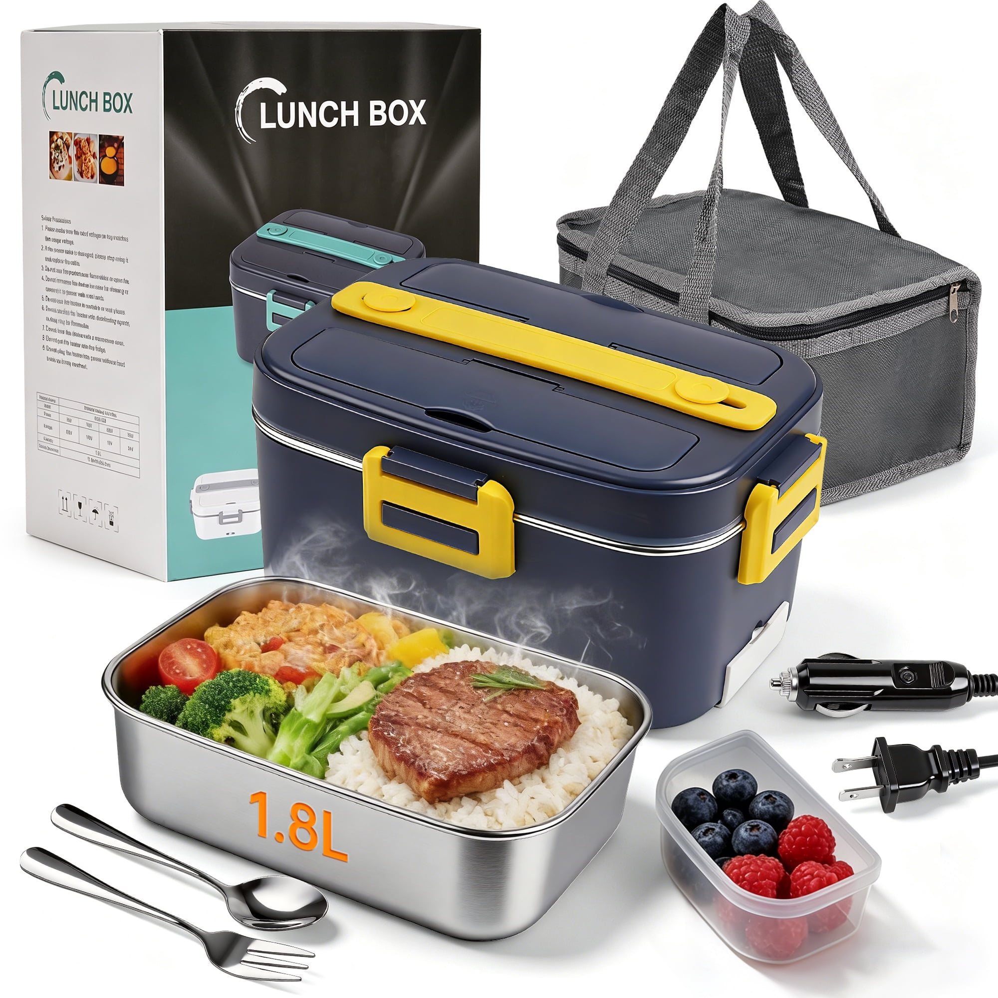 Electric Lunch Box Food Heater, 1.8L Portable Heated Lunch Box for Adults, 75W Fast Heating Food Warmer, 12V/24V/110-230V for Car Truck Office Travel (Blue)
