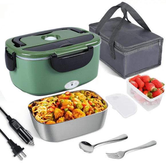 Electric Lunch Box Food Heater, 3 in 1 Heating Lunch Box for Work/Car/Truck, Heated Lunch Boxes for Adults with 1.5L Stainless Steel Container, 12V 24V 110V(Green)